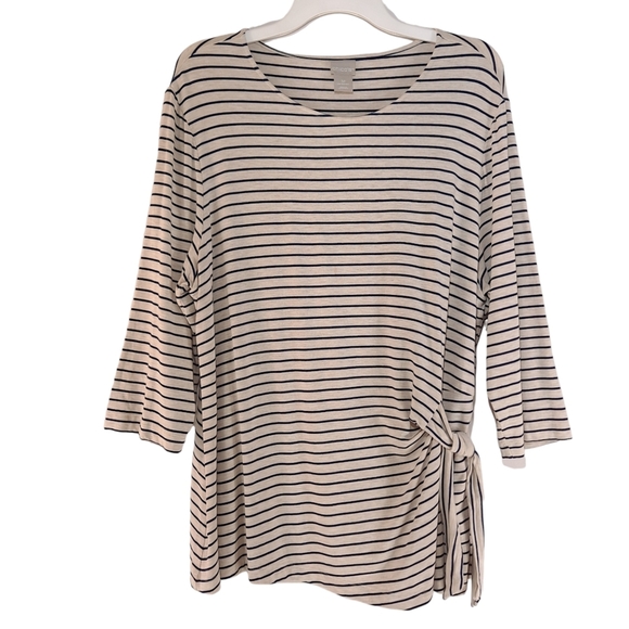 Chico's Petite Striped Side Tie Knit Top 3/4 Sleeve Indigo Beige Striped 3P XLP - Picture 1 of 6